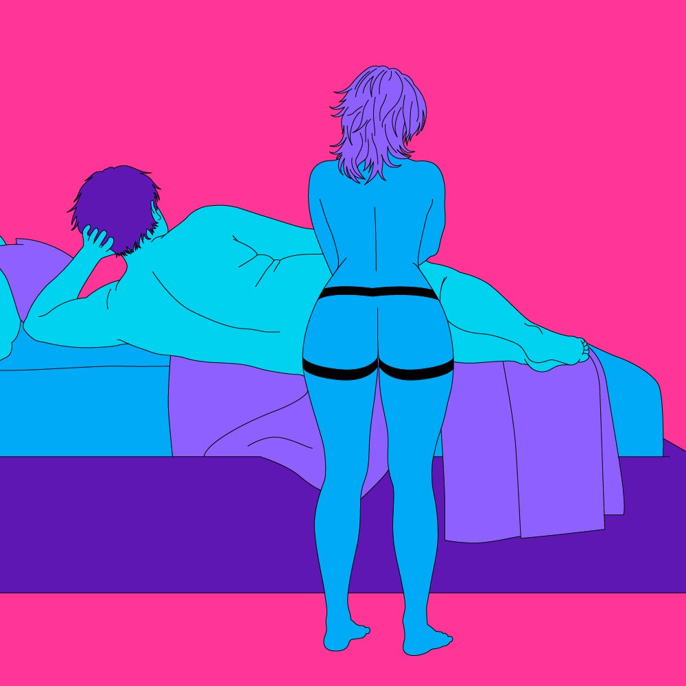 A naked illustrated couple in a from-behind penetration sex position. One is lying on their side on a bed and the other, is stood behind them.